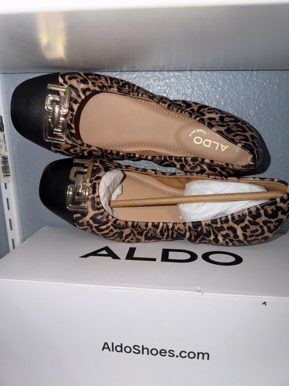 ALDO Leopard Print Flats with Black Cap Toe and Gold Accent